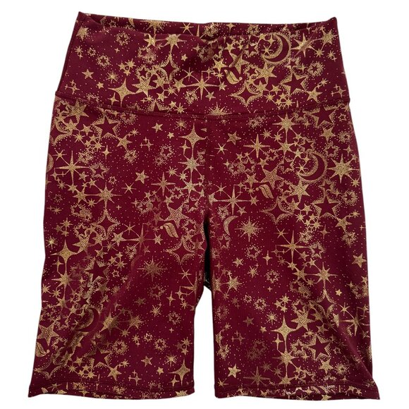Fabletics High Rise Maroon Powerhold Gold Celestial Print Biker Shorts-Medium - Picture 1 of 5